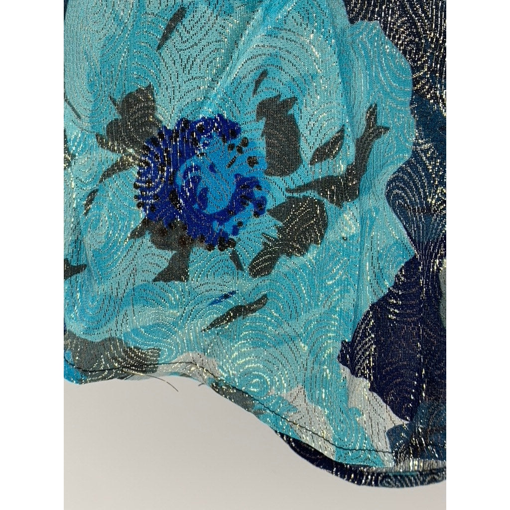 J.CREW Women's Blue Shimmer Floral Jacquard Ruffle-Front Top SZ S