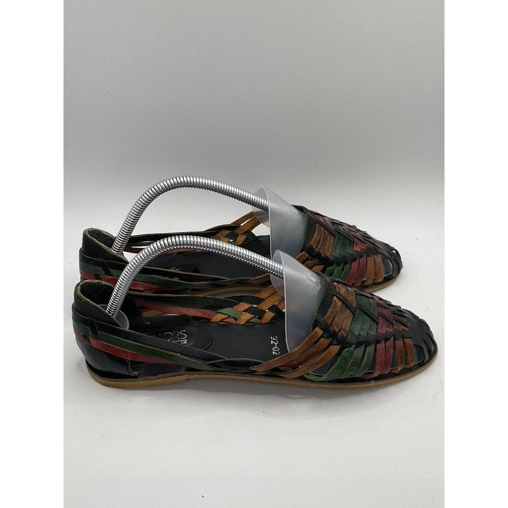 HONORS Women's Black-Multicolor Leather Strappy Round-Toe Slip-On Flats SZ 8.5