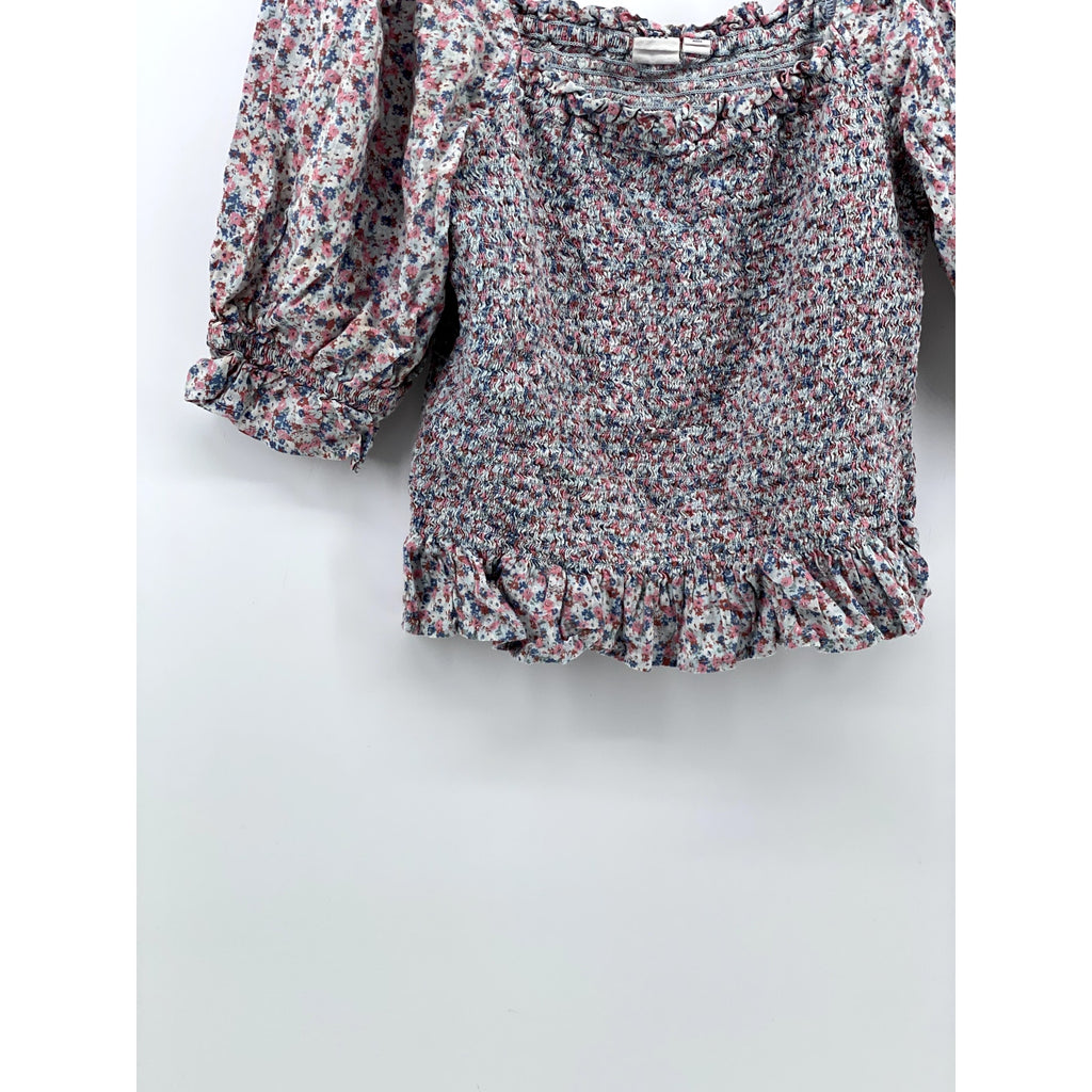 GAP Women's Pink-Blue Floral Straight-Neck Puff Elbow Sleeve Smocked Top SZ S