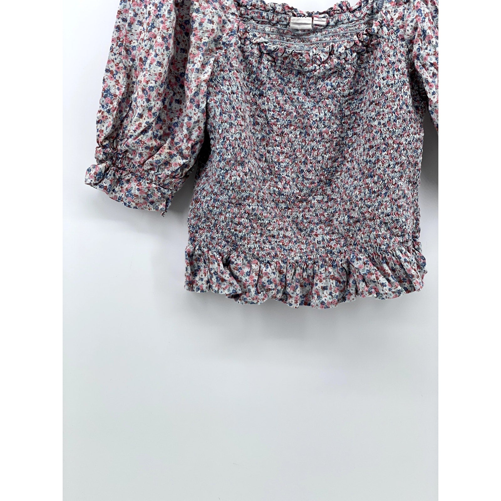 GAP Women's Pink-Blue Floral Straight-Neck Puff Elbow Sleeve Smocked Top SZ S