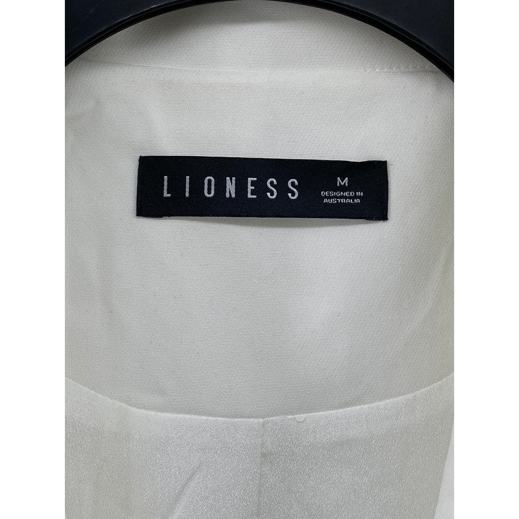 LIONESS Women's White Button-Up Long Sleeve Notch Collar Belted Mini Blazer SZ M