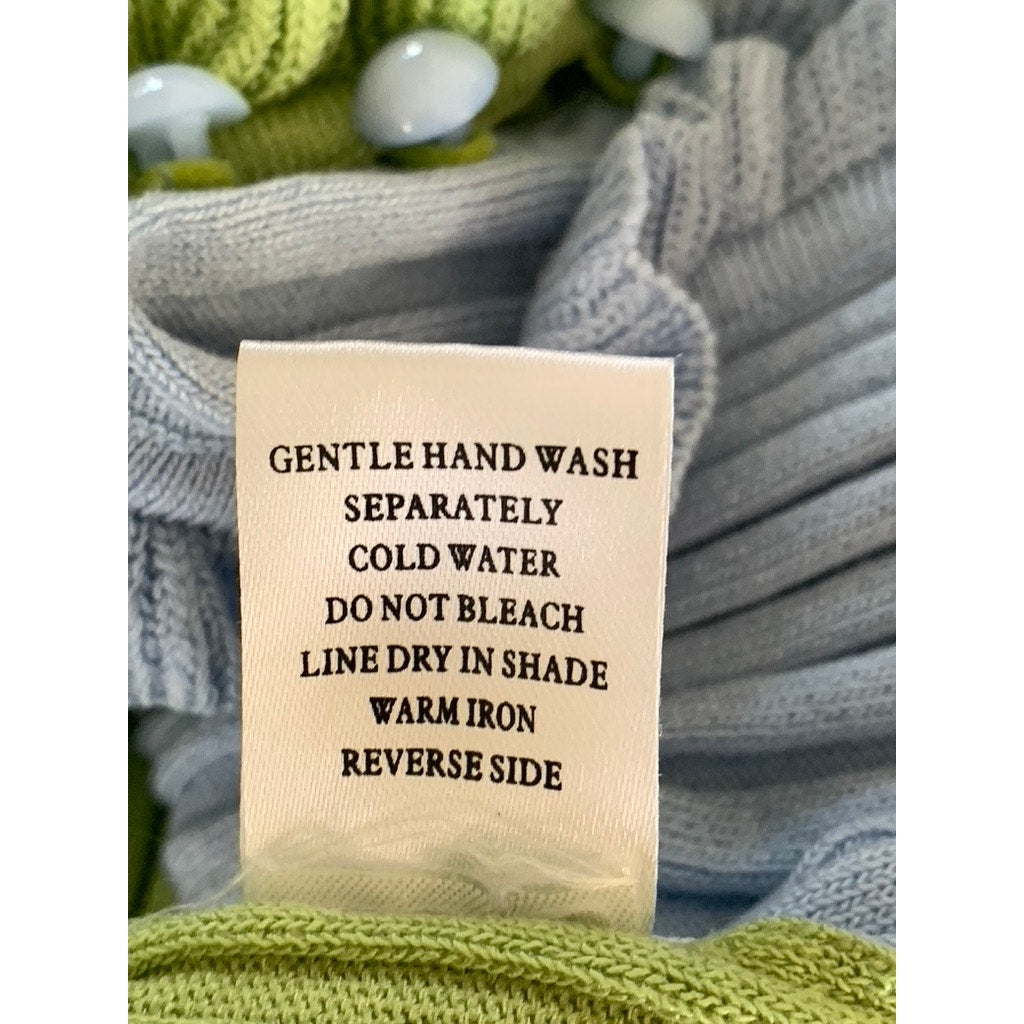 REDBERRY Women's Green/Blue Ribbed Button-Up Ruffle-Trim Short Sleeve Top SZ S/M