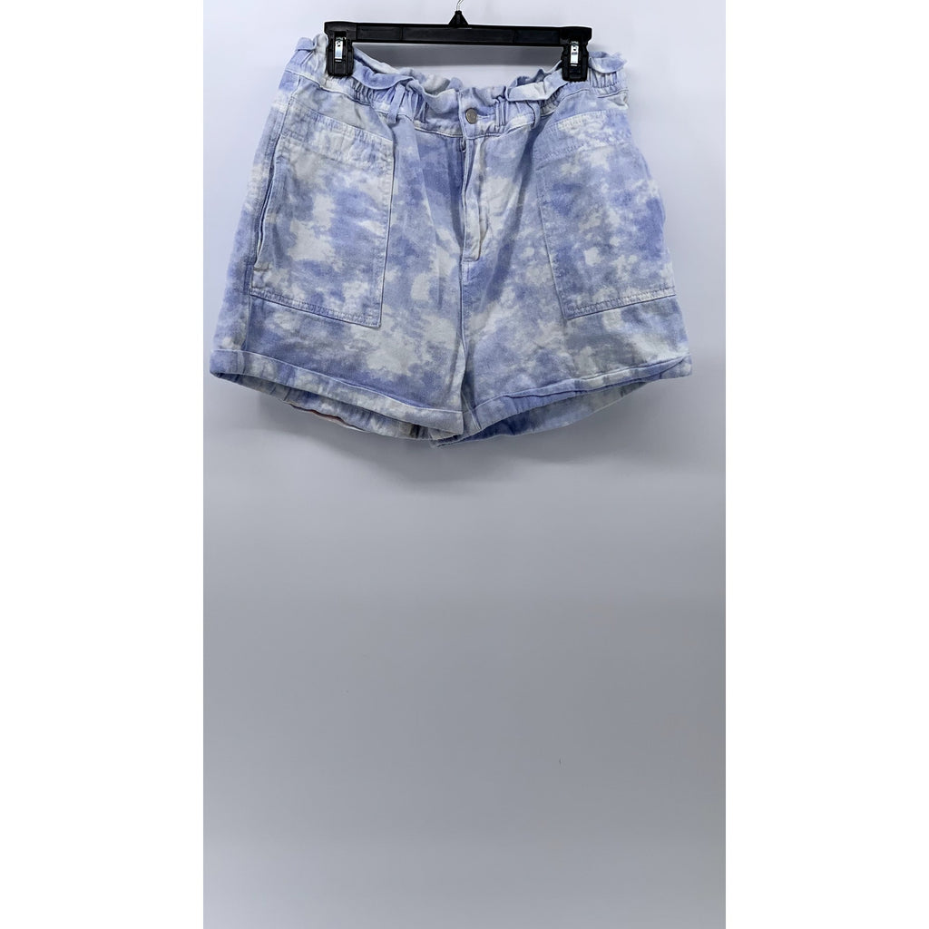 ELODIE Women's Blue-White Tie-Dye Cuffed High-Rise Paperbag Shorts SZ XL