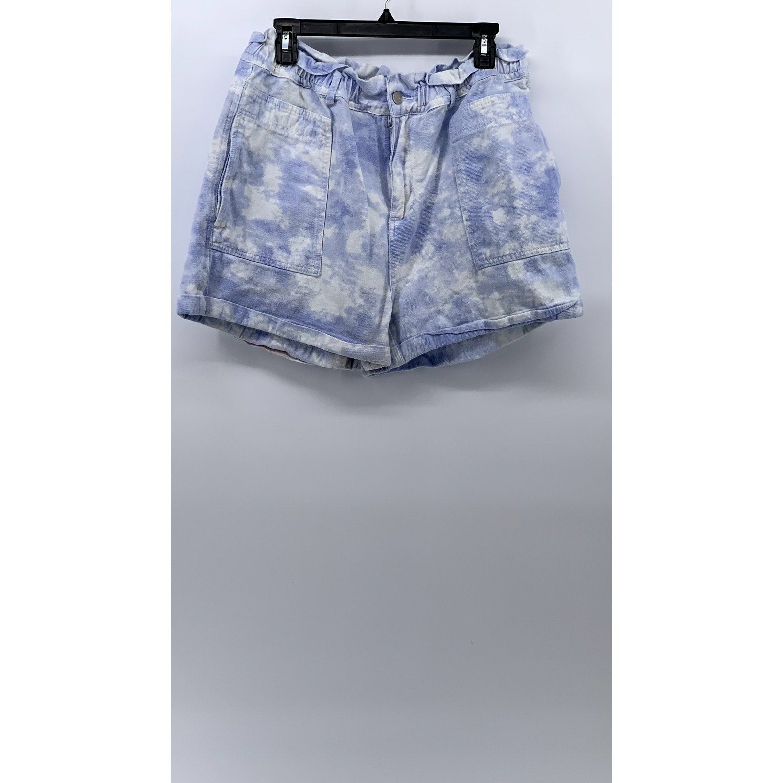 ELODIE Women's Blue-White Tie-Dye Cuffed High-Rise Paperbag Shorts SZ XL