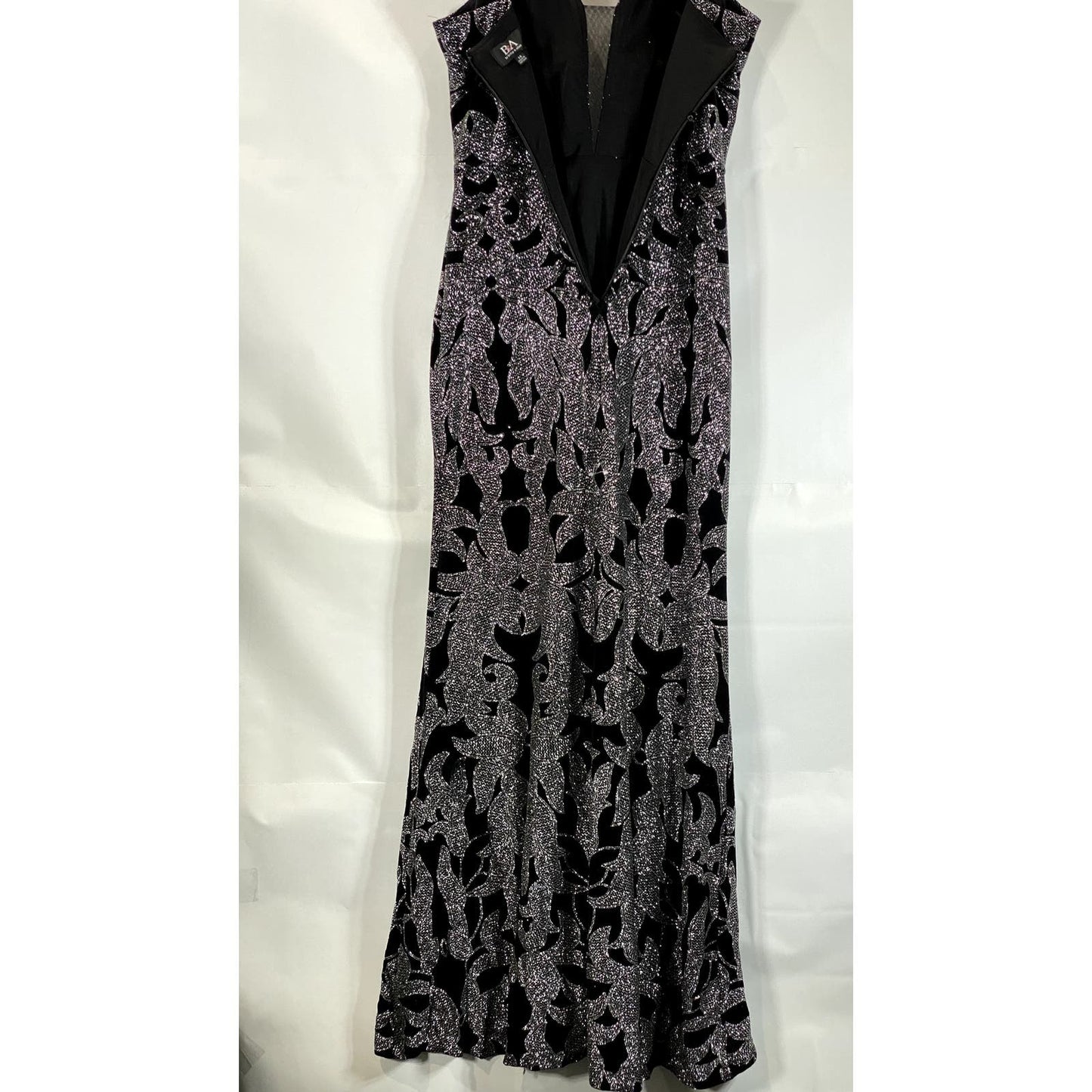 B&A By BETSY & ADAM Women's Black/Gunmetal Glitter-Print Mesh V-Neck Gown SZ 14