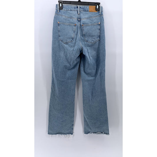 ZARA Women's Light Blue High-Rise Straight-Leg Five-Pocket Frayed Jeans SZ 2