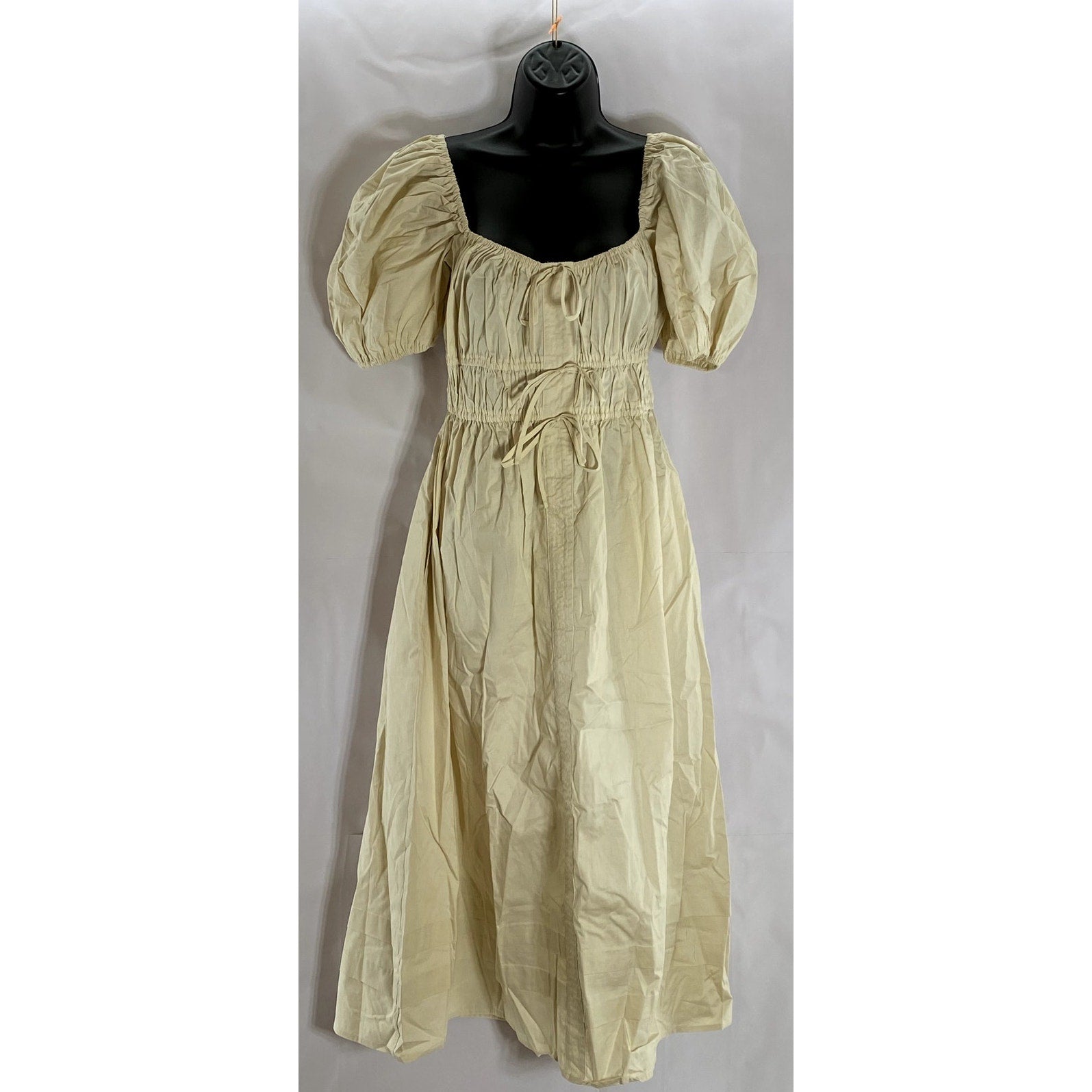 EN SAISON Women's Natural Sveta Square-Neck Puff Sleeve Tie-Back Midi Dress SZ M