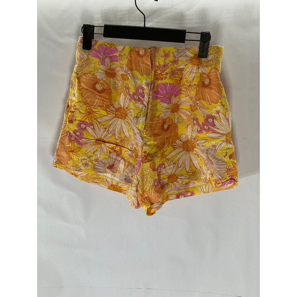 H&M Women’s Orange Floral Linen-Blend High-Waist Shorts SZ 6
