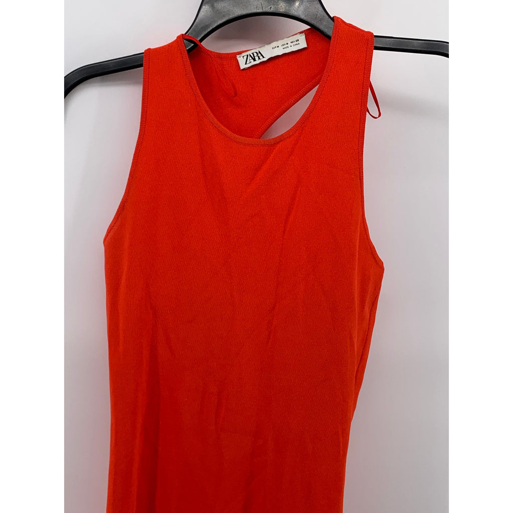 ZARA Women's Red Ribbed Crewneck Cutout Back Sleeveless Bodycon Maxi Dress SZ M