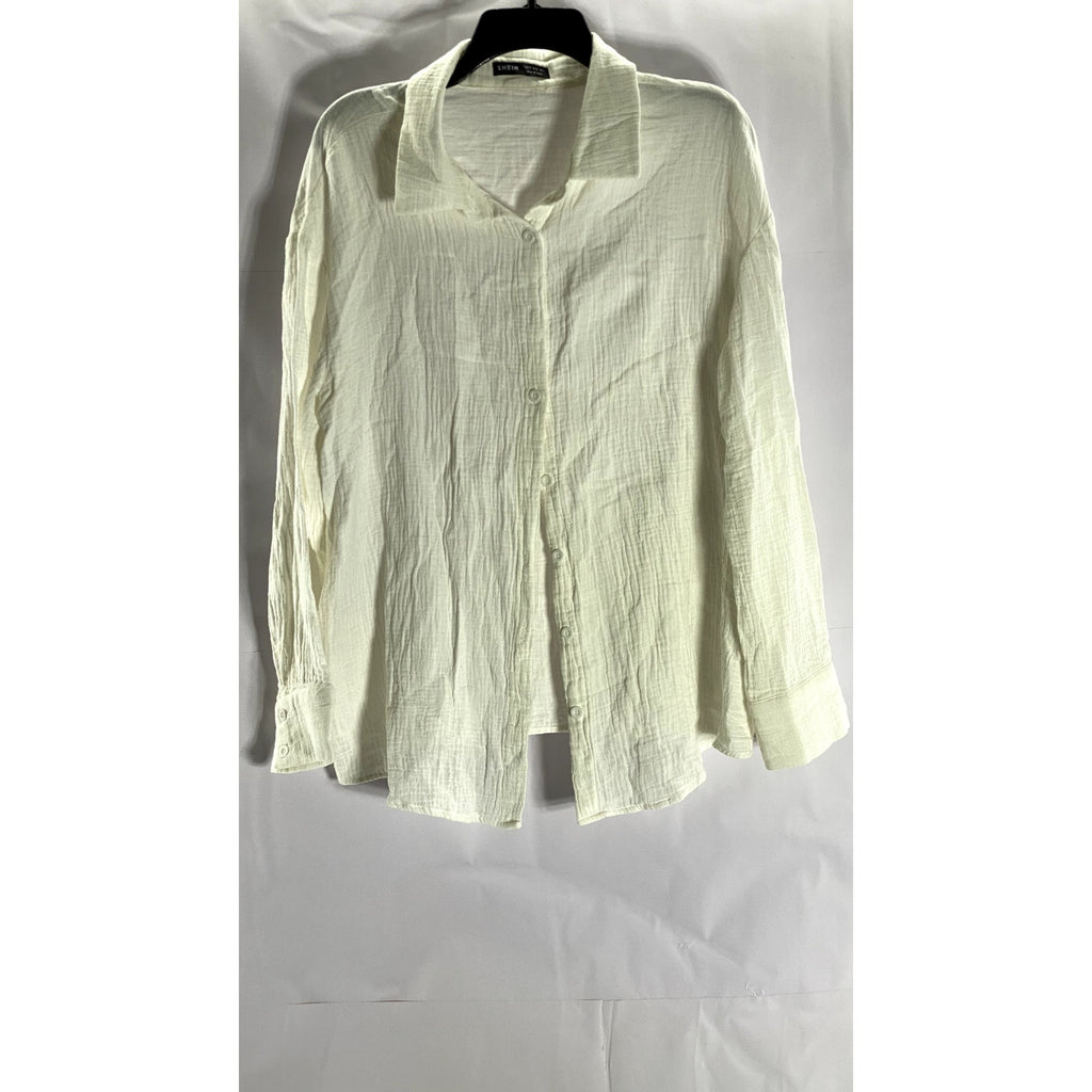 SHEIN Women’s Off-White Oversized-Fit Button-Ip Long Sleeve Top SZ S