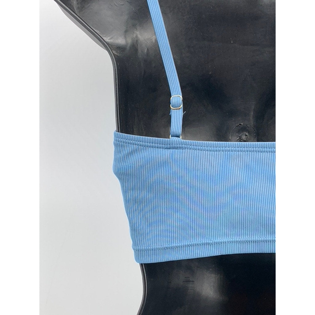 SHADE & SHORE Women's Blue Ribbed Scoop-Neck Cropped Swim Top SZ S