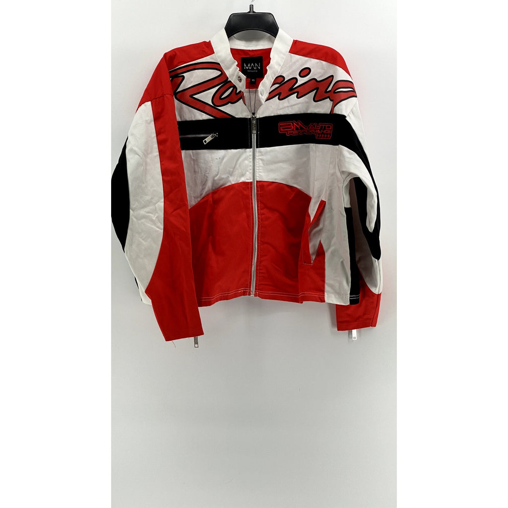 BOOHOOMAN Men's White-Red-Black Boxy Twill Funnel Neck Moto Jacket SZ XS