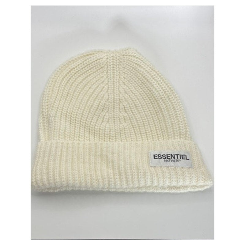 ESSENTIEL ANTWERP Unisex Cream Rib Knit Patch Logo Beanie SZ OS