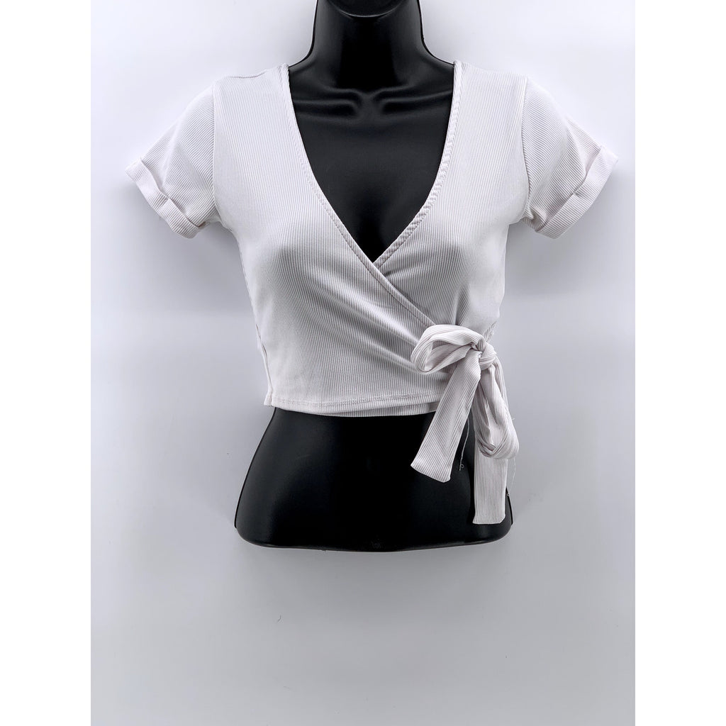 REVAMPED Women's White Ribbed V-Neck Short Sleeve Cropped Wrap Top SZ S
