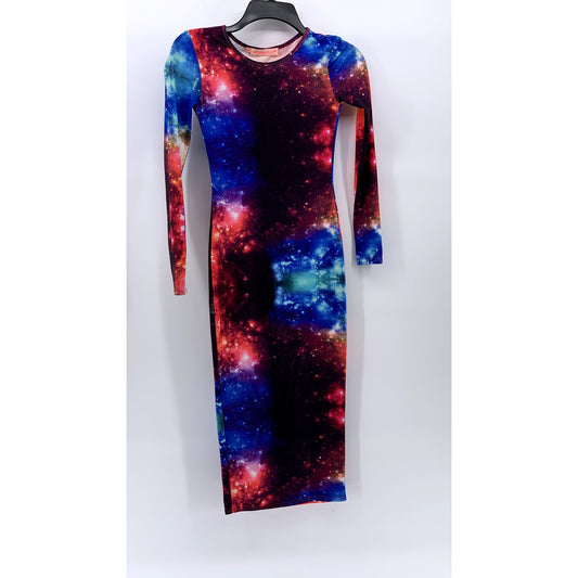 OH MY LOVE Women's Purple-Blue Galaxy Print Crewneck Bodycon Midi Dress SZ XS