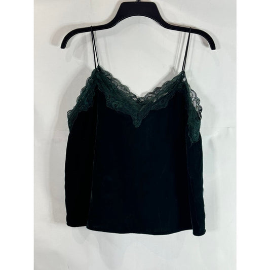 J.O.A Women's Green Lace-Trim V-Neck Crushed Velvet Spaghetti Strap Cami Top SZM