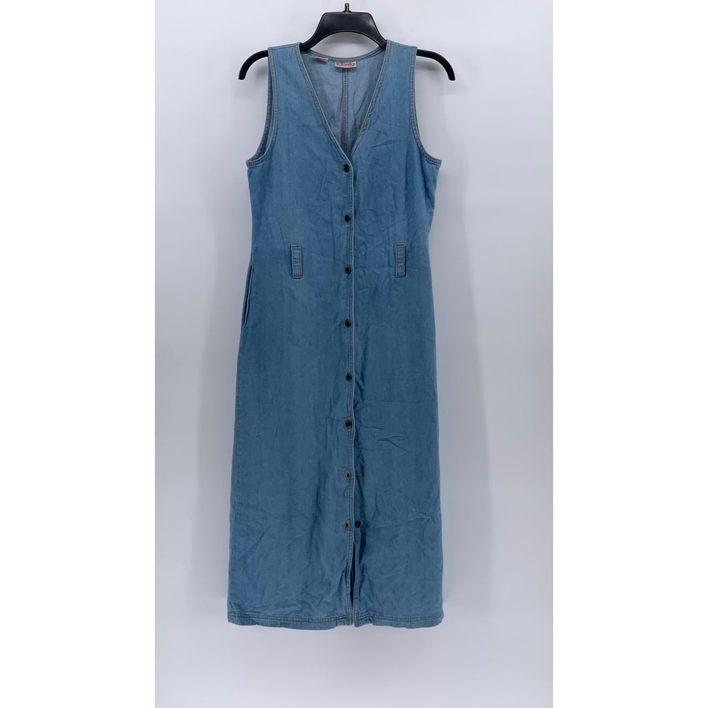 RAFAELLA Women’s Petite Vintage Blue V-Neck Sleeveless Button-Up Midi Dress SZ4P