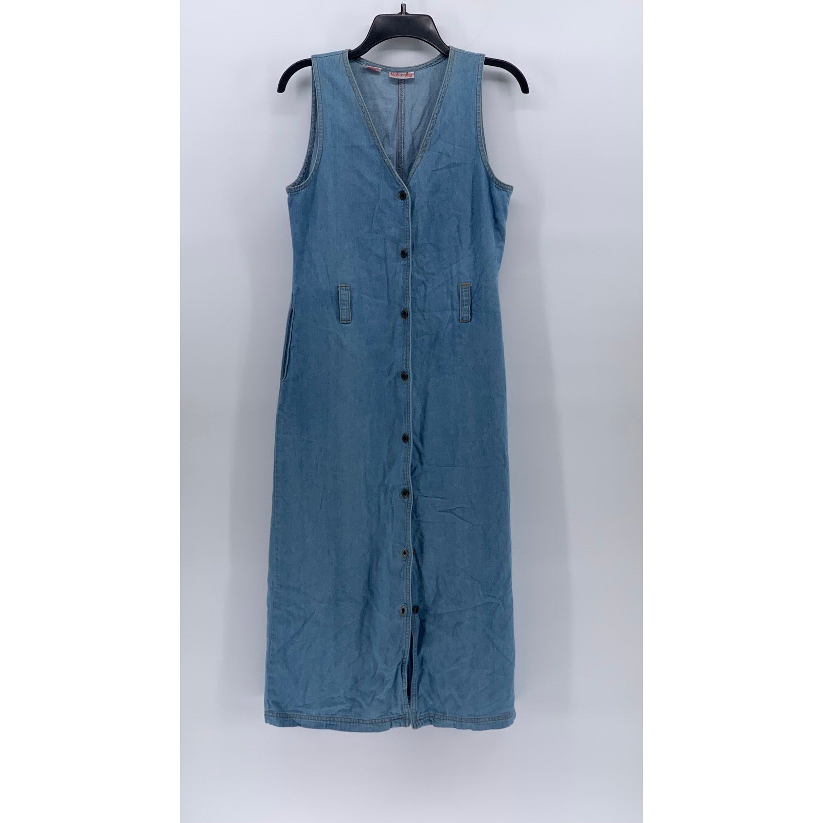 RAFAELLA Women’s Petite Vintage Blue V-Neck Sleeveless Button-Up Midi Dress SZ4P