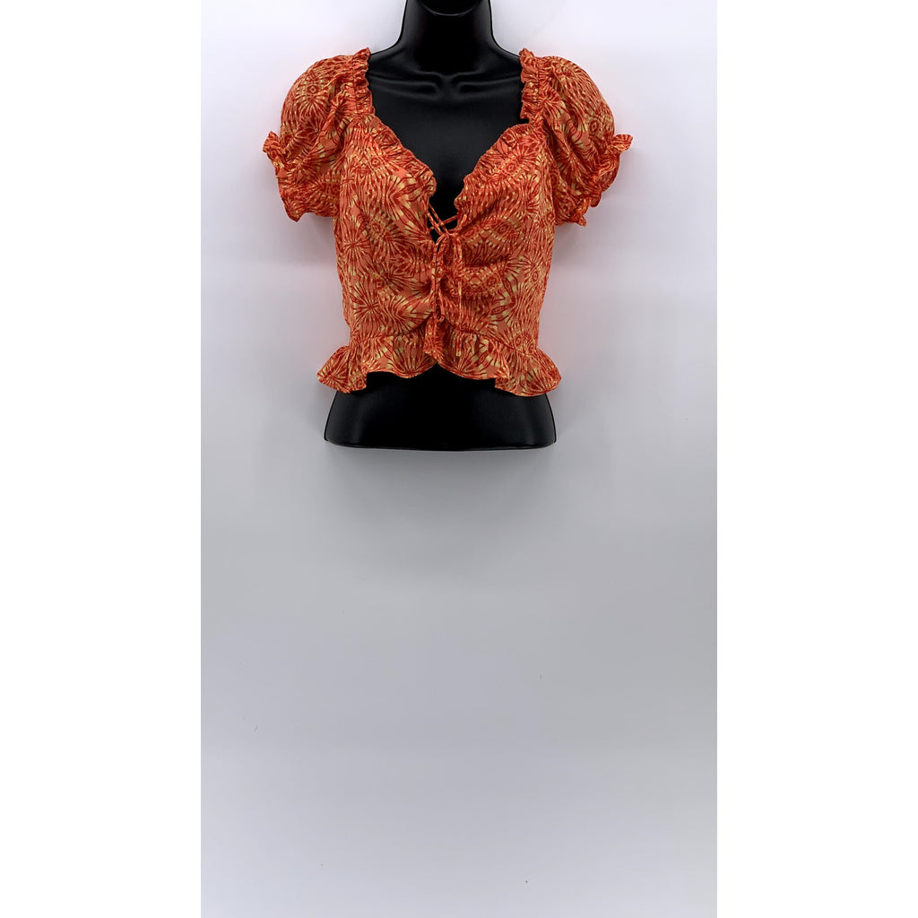 AQUA Women's Orange Printed Lace-Up Short Puff Sleeve Smocked Crop Top SZ XS