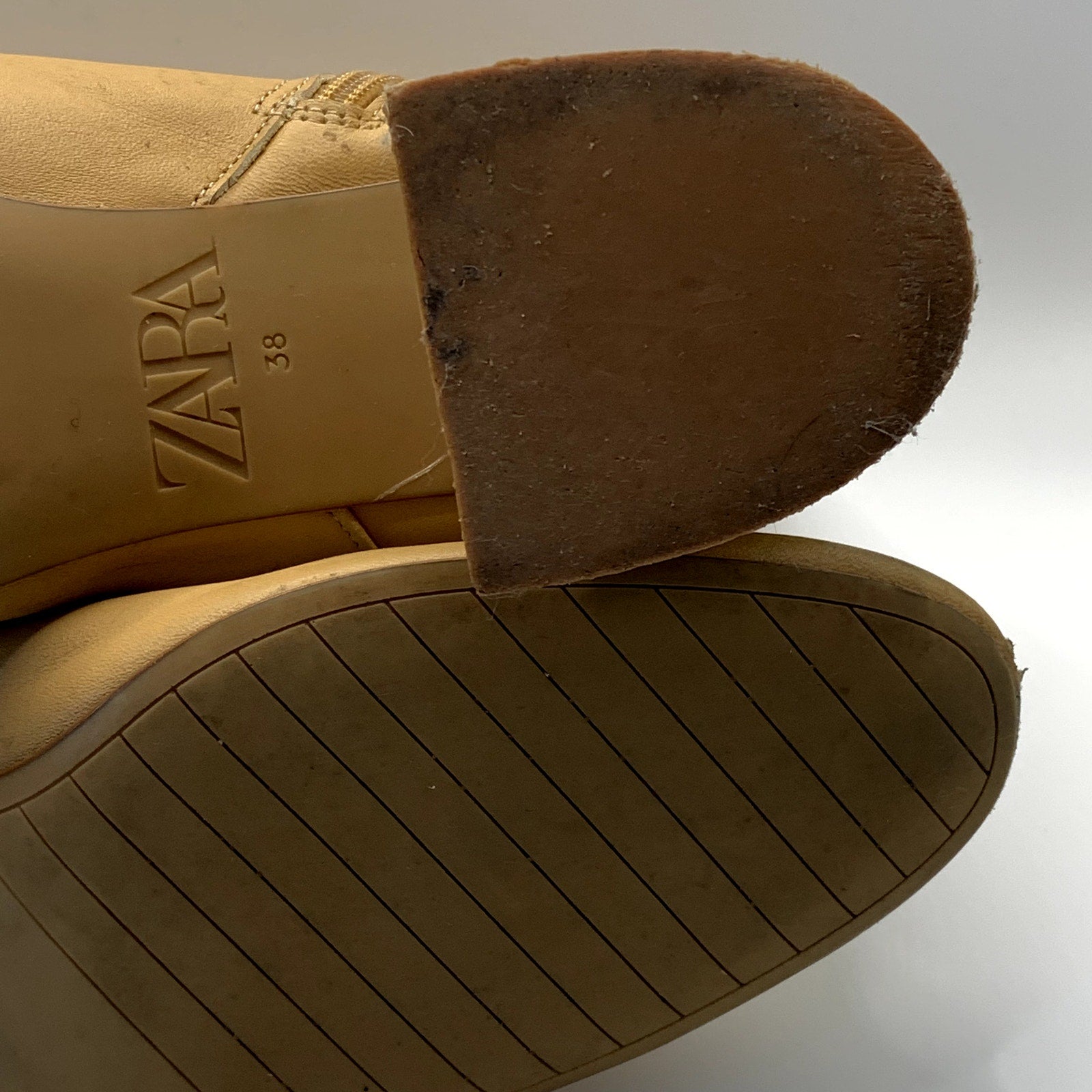 ZARA Women's Tan Faux-Leather Block-Heel Round-Toe Ankle Boots SZ 8