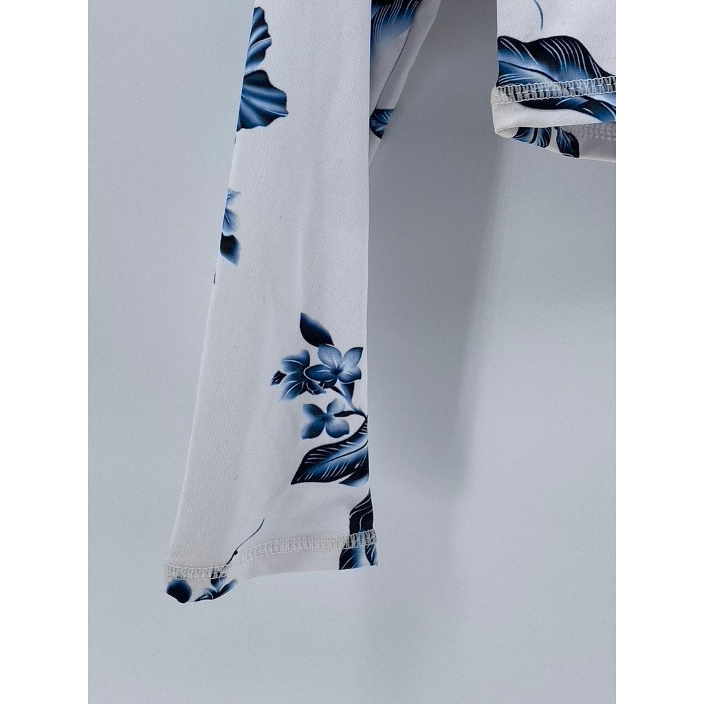 UNBRANDED Women's White-Blue Floral Crewneck Long Sleeve Cropped Swim Top SZ L
