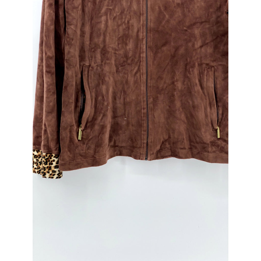 SPORT SAVVY Women's Brown Soft Y2K Animal Print Zip-Up Long Sleeve Sweater SZ M