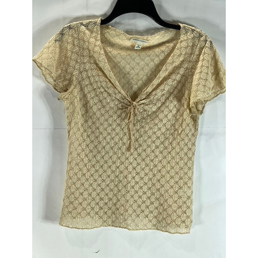 BANANA REPUBLIC Women's Tan Lace Stretch V-Neck Short Sleeve Top SZ M