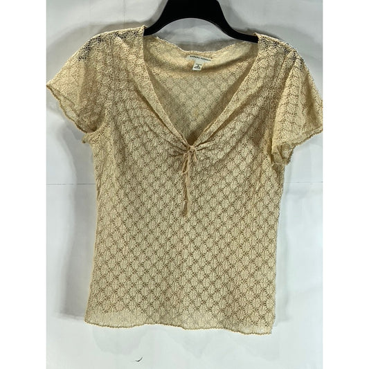 BANANA REPUBLIC Women's Tan Lace Stretch V-Neck Short Sleeve Top SZ M