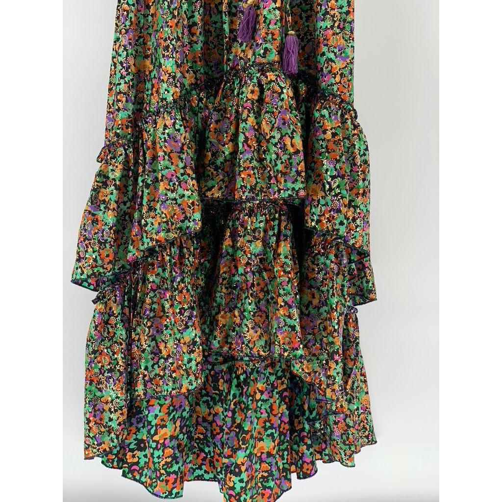 PURPLE QUEEN Women's Green Printed Ruffle Short Sleeve Maxi Dress SZ S