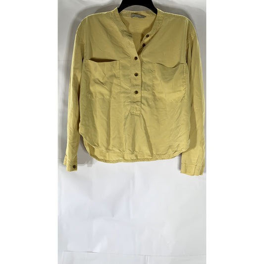 EVERLANE Women's Yellow Washable Silk Long Sleeve Henley Patch Pocket Top SZ 2