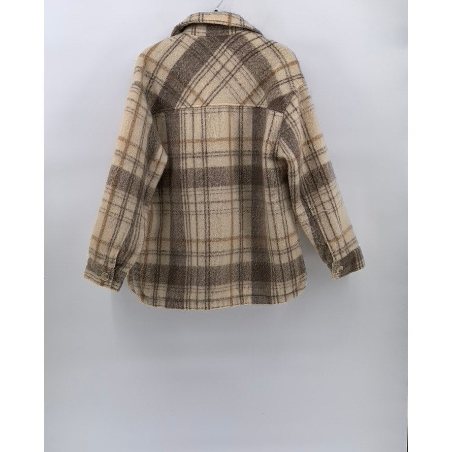 ZARA Women's Brown Plaid Button-Up Long Sleeve Oversized Shirt Jacket SZ S