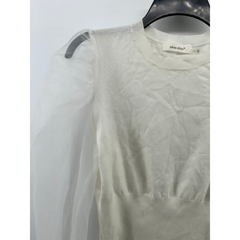 IDEM DITTO Women's White Crewneck Sheer Long Puff Sleeve Cropped Top SZ L
