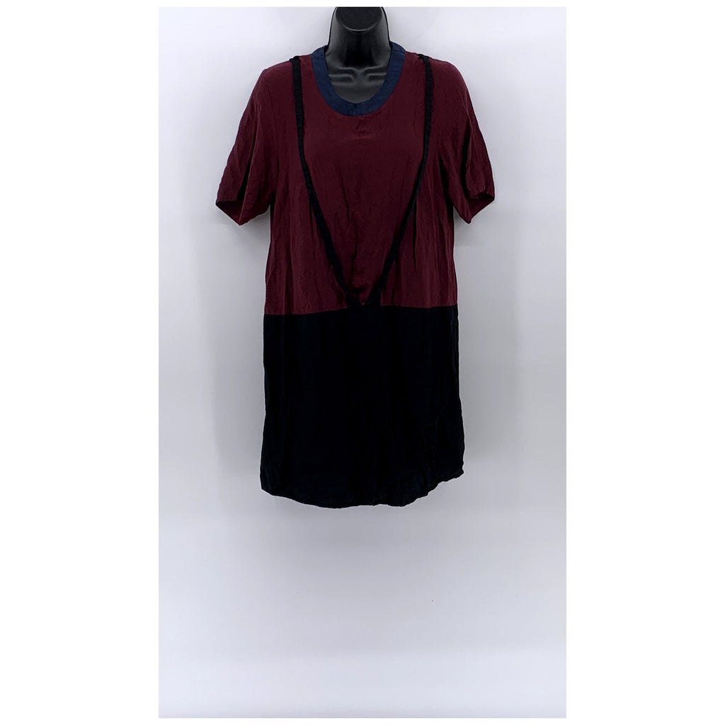 LOUP Women's Burgundy-Black Colorblock Short Sleeve Crewneck Midi Dress SZ M