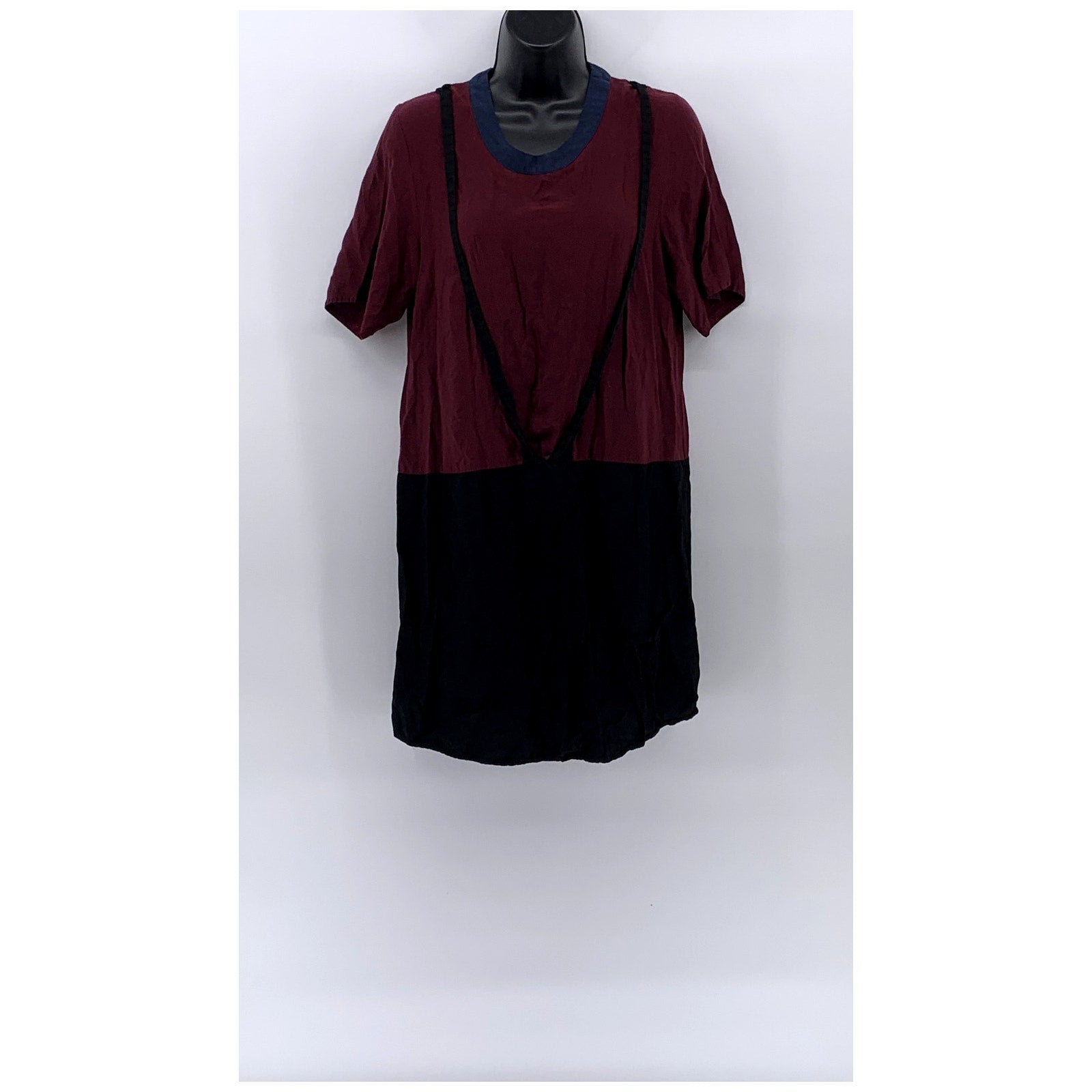 LOUP Women's Burgundy-Black Colorblock Short Sleeve Crewneck Midi Dress SZ M