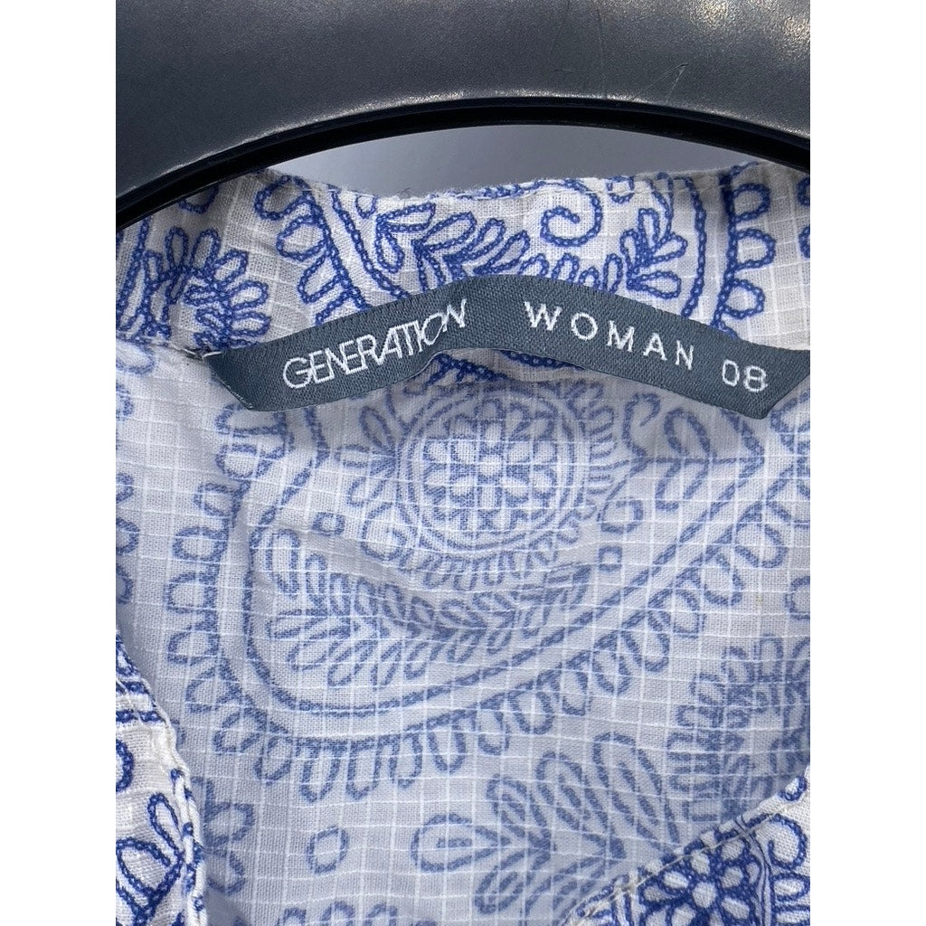 GENERATION Women's Blue-White Printed Sleeveless A-Line Midi Dress SZ 8