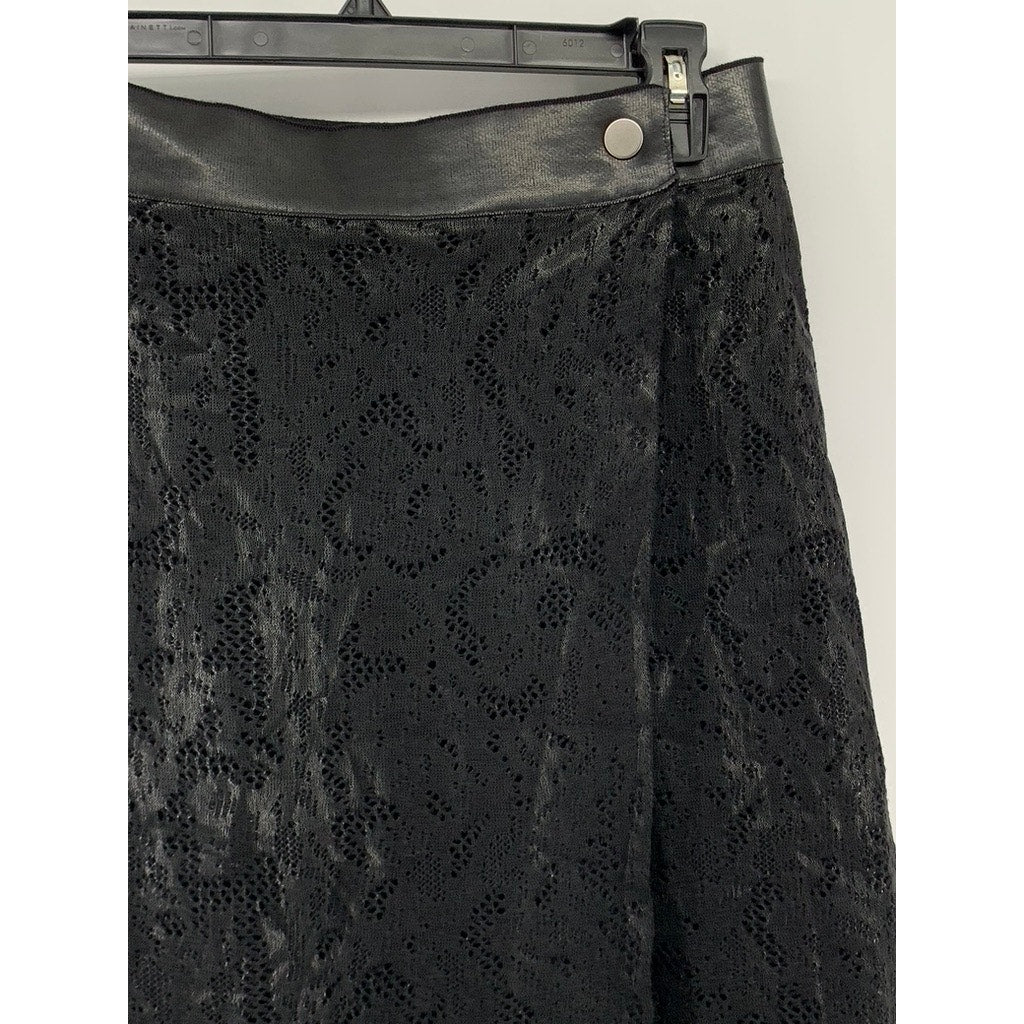 SHANGXIA Women's Black Wool-Blend Lace Side-Button A-Line Midi Skirt SZ L