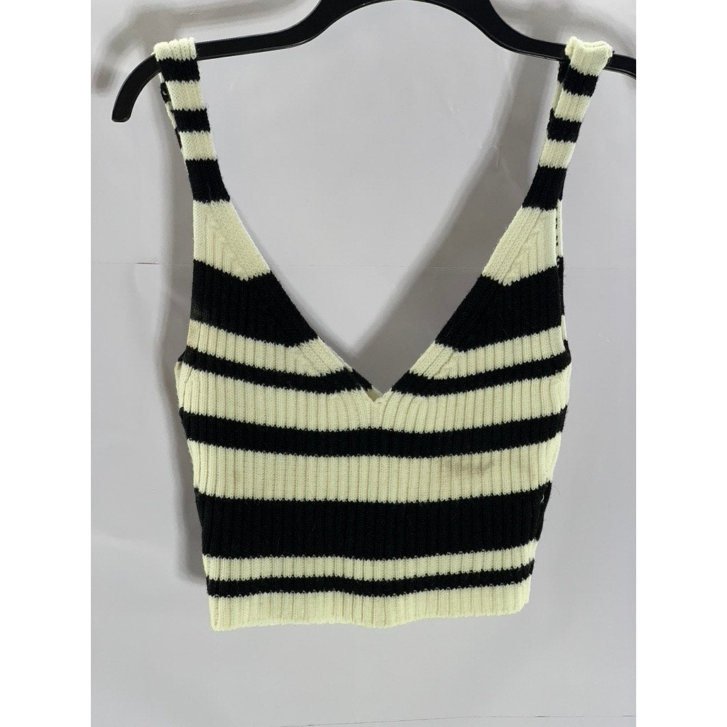 UNBRANDED Women's Black/Cream Striped Double V-Neck Knit Crop Tank Top SZ XS
