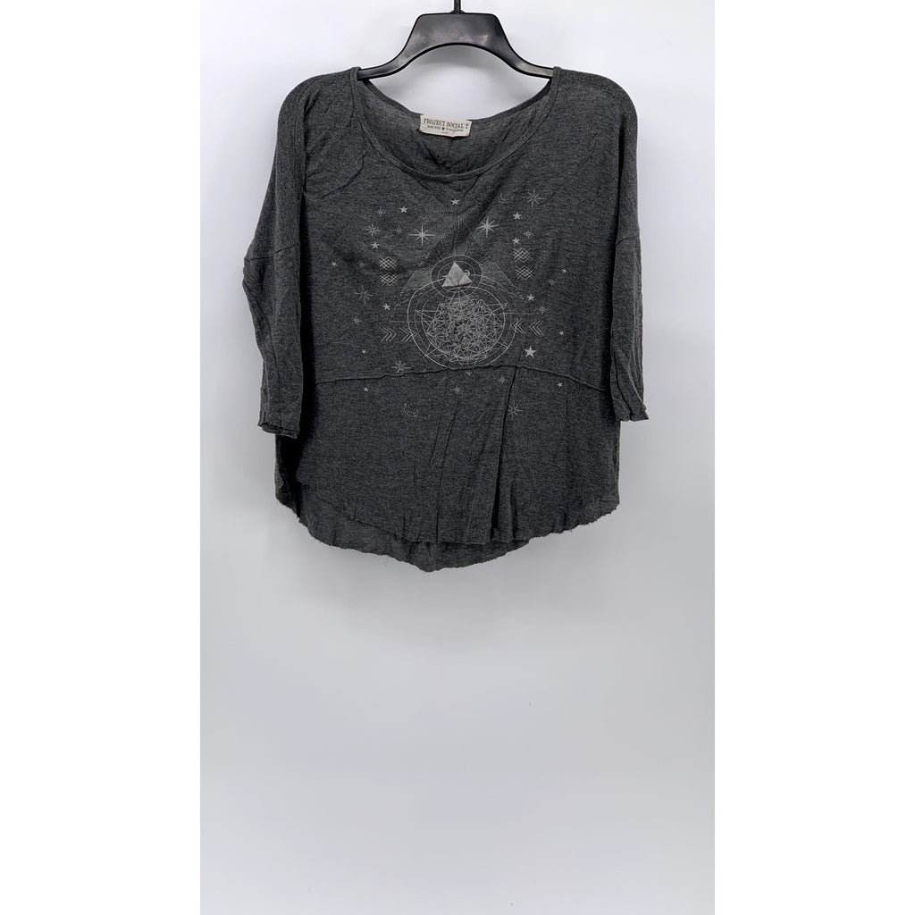 PROJECT SOCIAL T Women's Gray Scoop-Neck 3/4 Sleeve Oversized Casual Top SZ XS