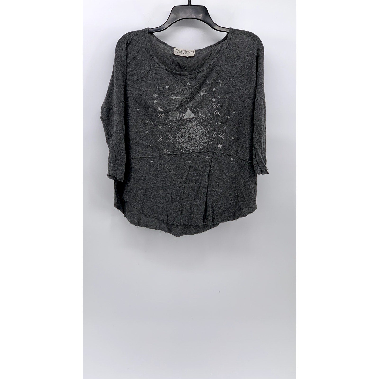 PROJECT SOCIAL T Women's Gray Scoop-Neck 3/4 Sleeve Oversized Casual Top SZ XS