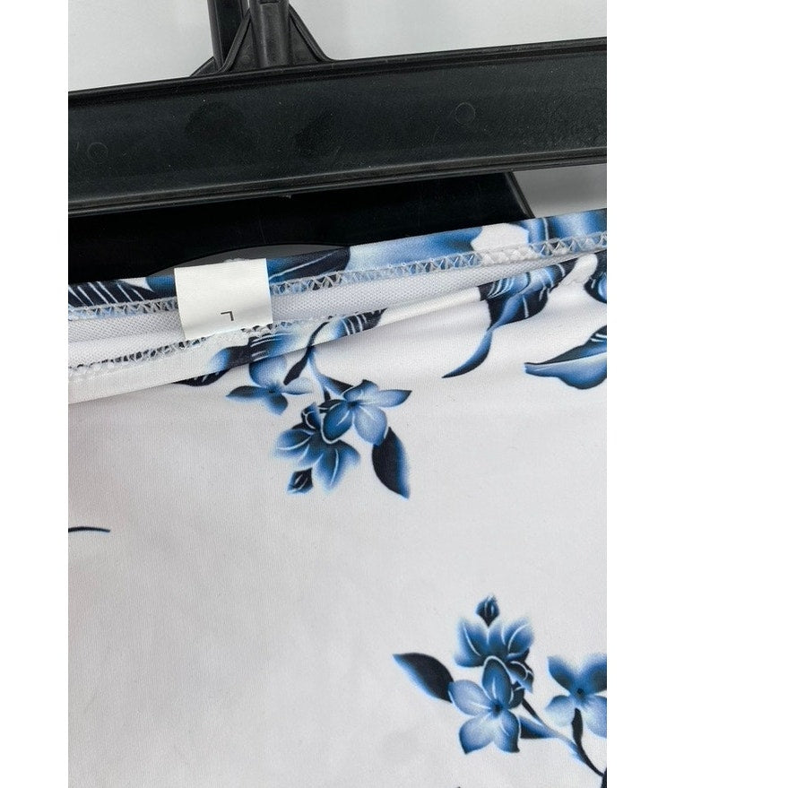 UNBRANDED Women's White-Blue Floral Print Cheeky Swim Bottom SZ L