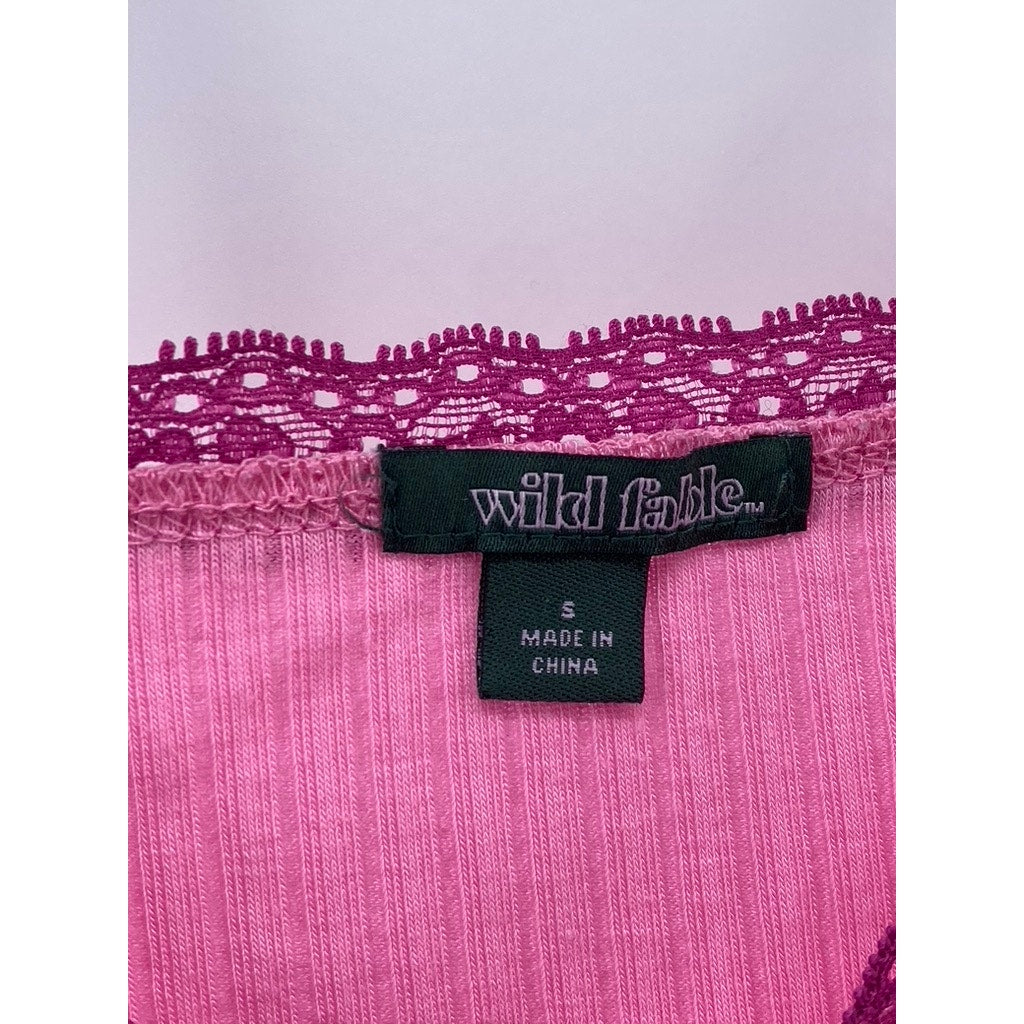 WILD FABLE Women's Pink Rib Knit Lace-Trim V-Neck Spaghetti Strap Cami Top SZ S