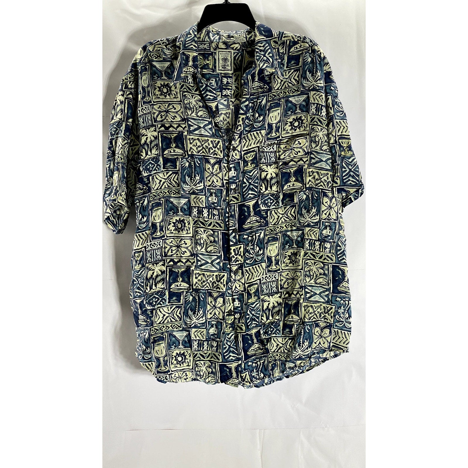 ROUNDTREE & YORKE Men's Vintage Blue Silk Hawaiian Print Button-Up Shirt SZ L