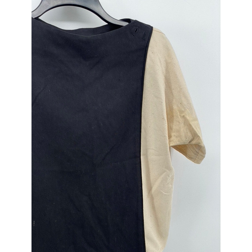 SNAZZIE Women's Black-Beige Color Block Short Sleeve Boat-Neck Top SZ S