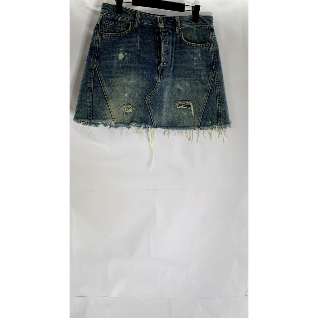 WE THE FREE Women's Blue Denim Distressed Raw-Hem Button-Fly Mini Skirt SZ 28