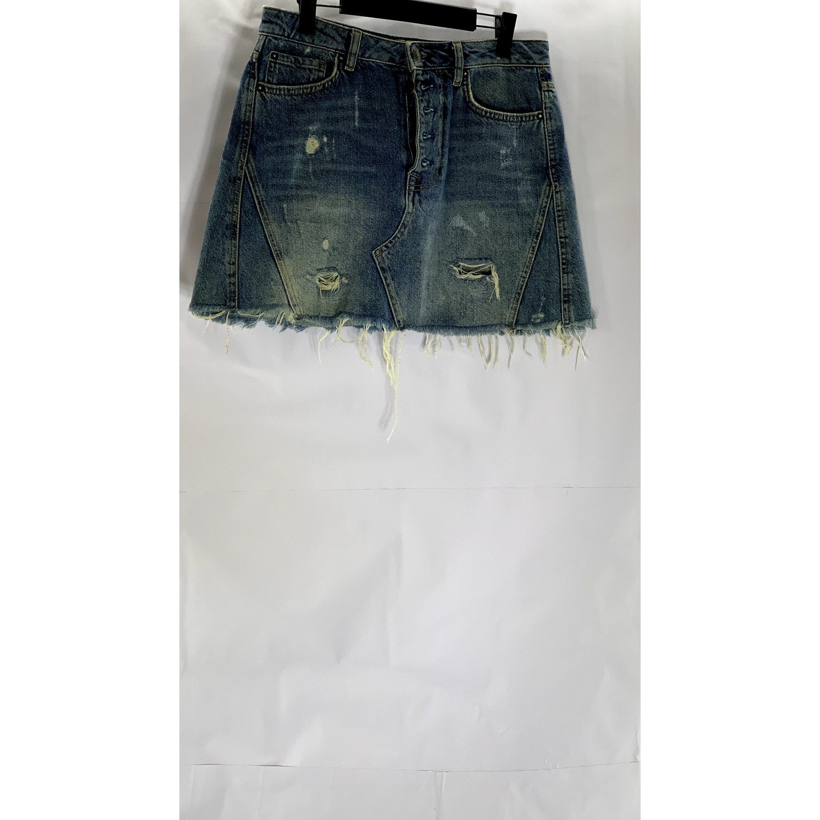 WE THE FREE Women's Blue Denim Distressed Raw-Hem Button-Fly Mini Skirt SZ 28