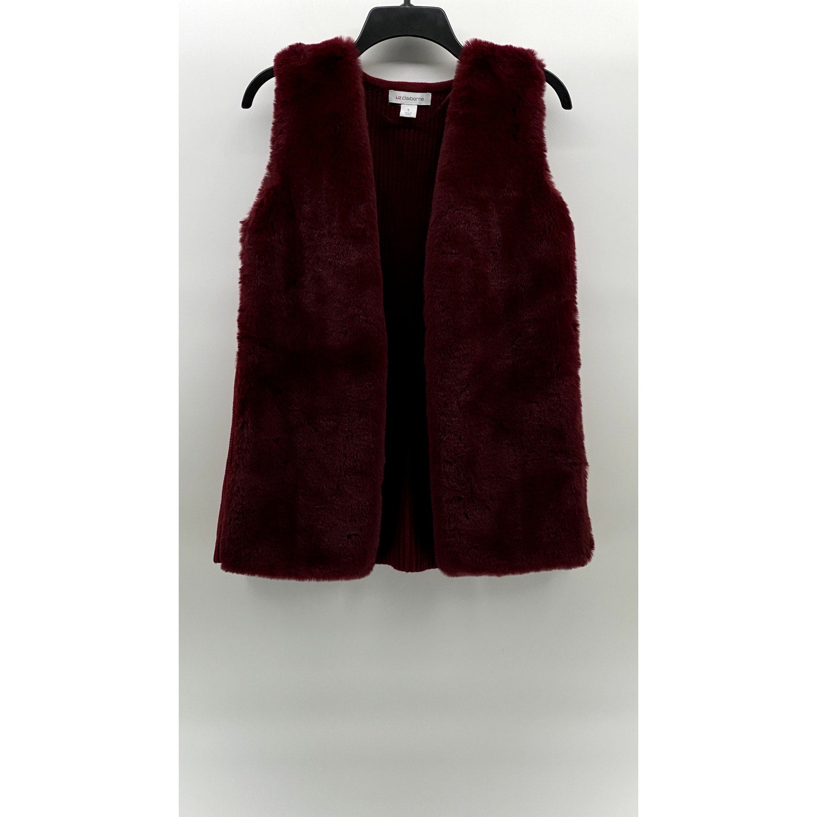LIZ CLAIBORNE Women's Maroon Faux-Fur Knit Open-Front Sleeveless Vest SZ S