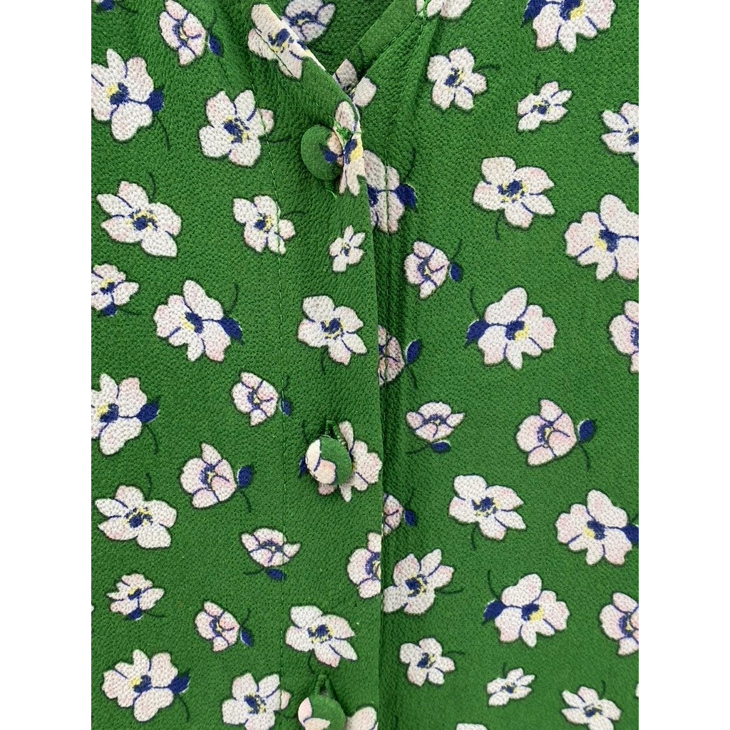 UNBANDED Women's Green Floral V-Neck Button-Up Ruffle Elbow Sleeve Dress SZ M