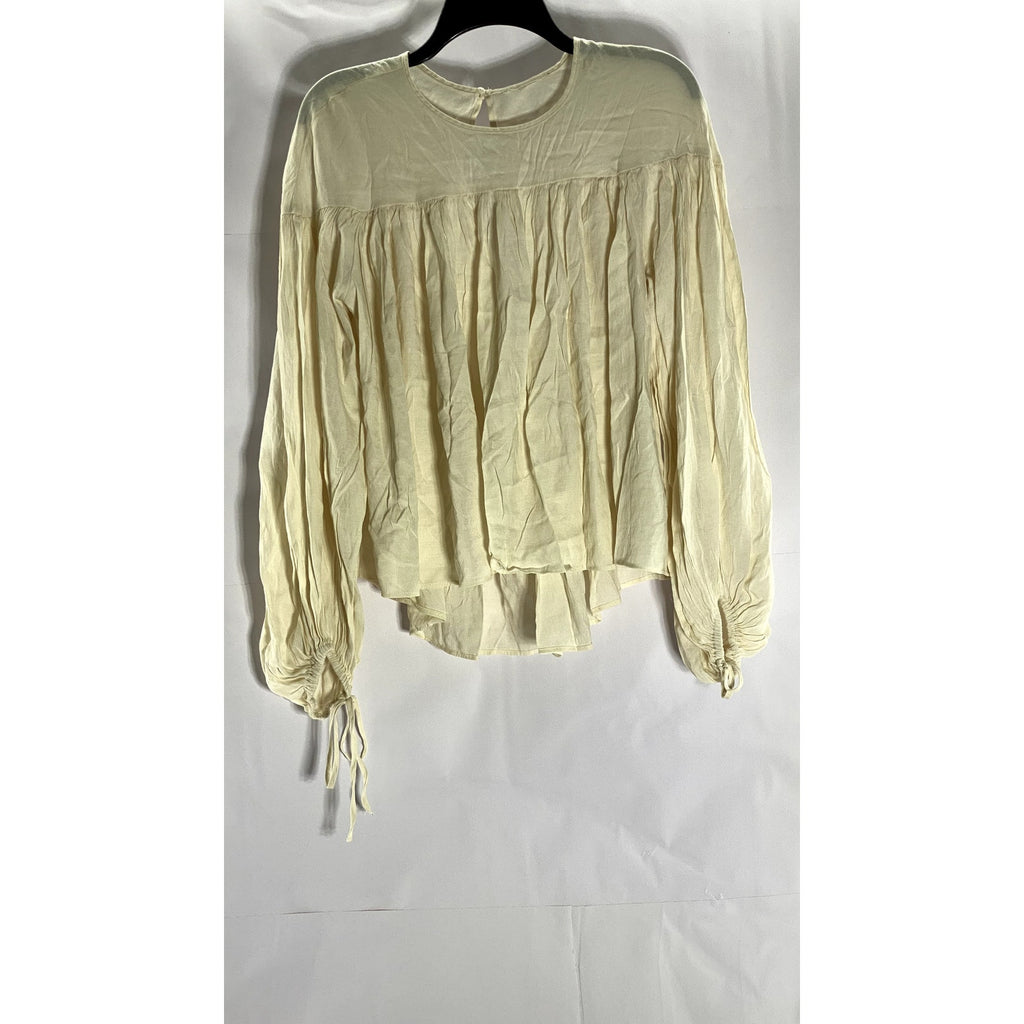 H&M Women's Beige Crewneck Long Tie Sleeve Back Keyhole Top SZ M