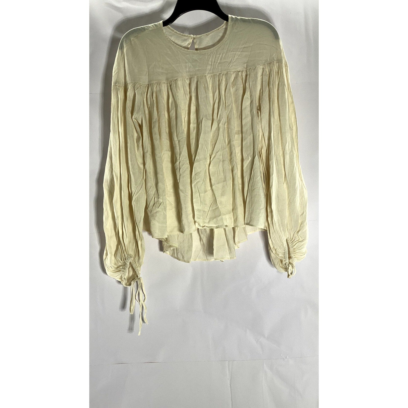 H&M Women's Beige Crewneck Long Tie Sleeve Back Keyhole Top SZ M