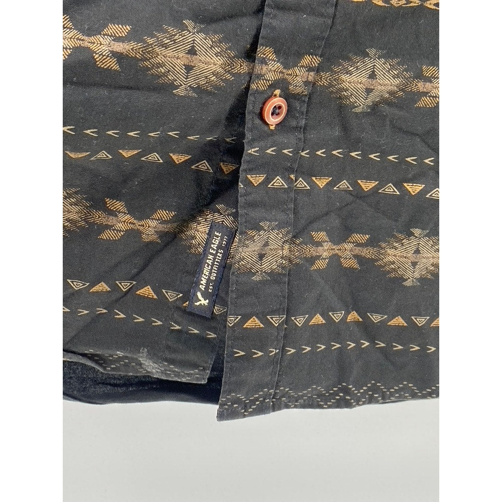 AMERICAN EAGLE Men's Black-Beige Printed Classic-Fit Button-Up Shirt SZ M